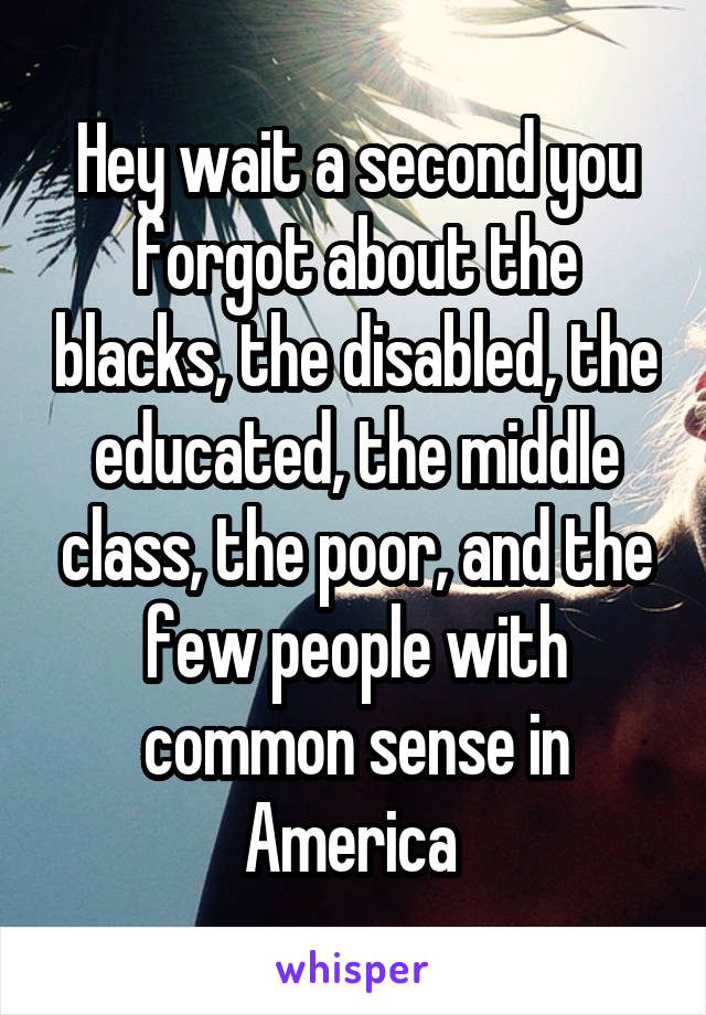 Hey wait a second you forgot about the blacks, the disabled, the educated, the middle class, the poor, and the few people with common sense in America 