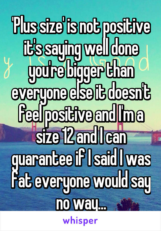 'Plus size' is not positive it's saying well done you're bigger than everyone else it doesn't feel positive and I'm a size 12 and I can guarantee if I said I was fat everyone would say no way...