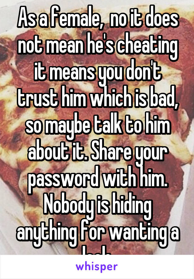 As a female,  no it does not mean he's cheating it means you don't trust him which is bad, so maybe talk to him about it. Share your password with him. Nobody is hiding anything for wanting a lock.