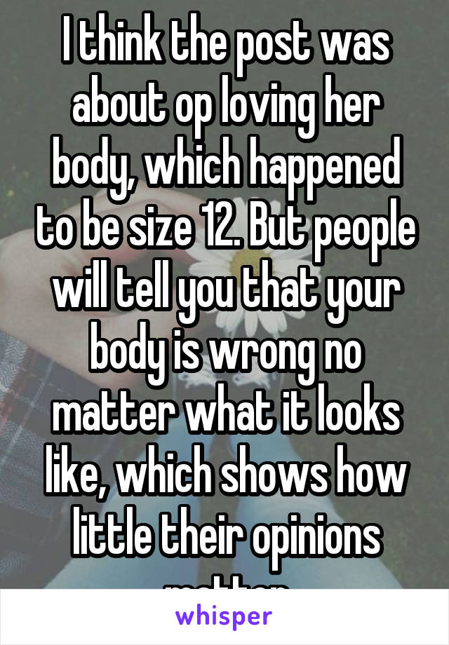 I think the post was about op loving her body, which happened to be size 12. But people will tell you that your body is wrong no matter what it looks like, which shows how little their opinions matter