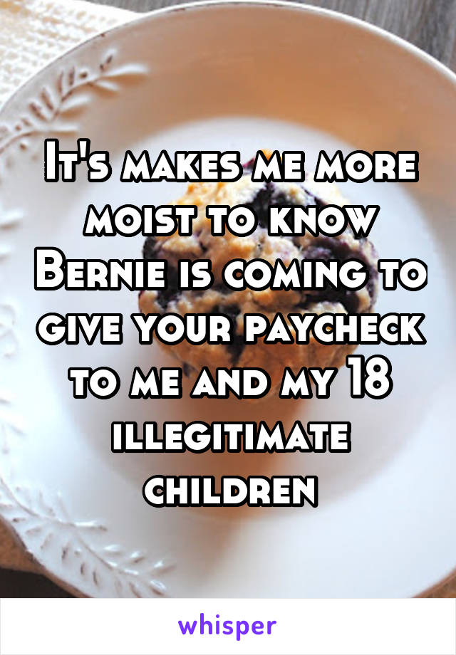 It's makes me more moist to know Bernie is coming to give your paycheck to me and my 18 illegitimate children