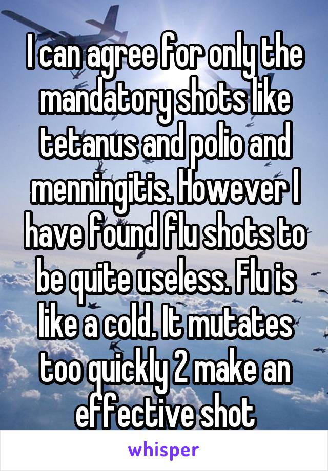 I can agree for only the mandatory shots like tetanus and polio and menningitis. However I have found flu shots to be quite useless. Flu is like a cold. It mutates too quickly 2 make an effective shot