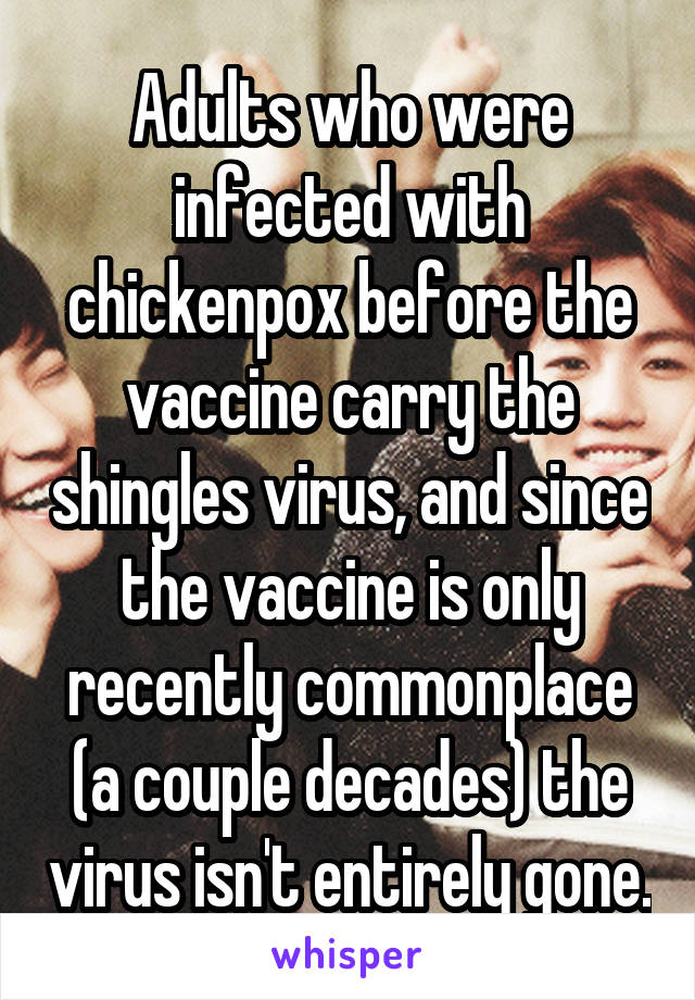 Adults who were infected with chickenpox before the vaccine carry the shingles virus, and since the vaccine is only recently commonplace (a couple decades) the virus isn't entirely gone.