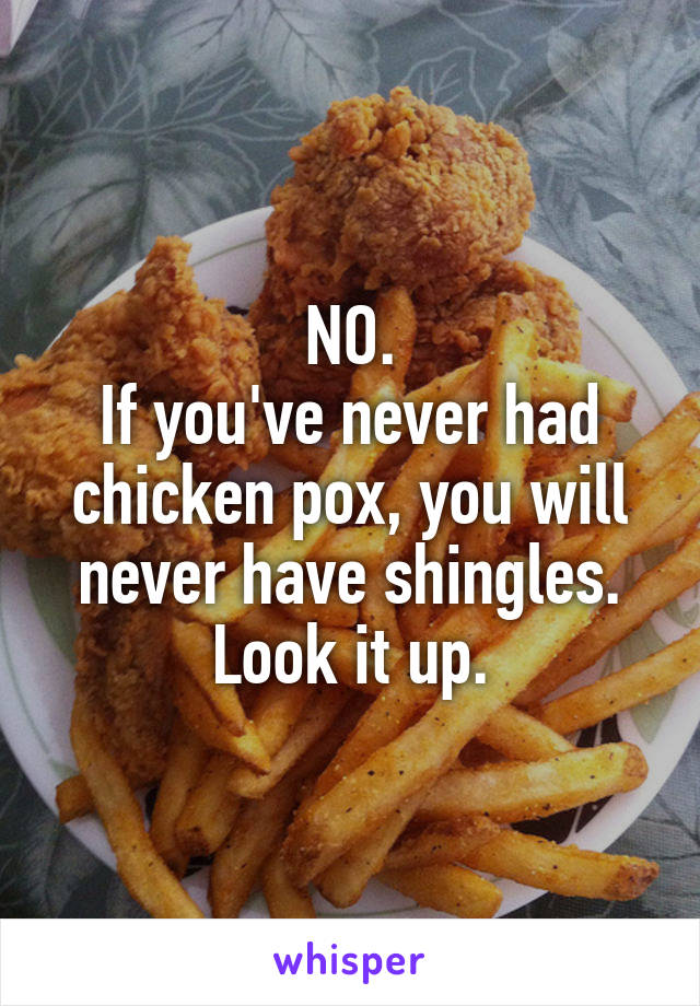 NO.
If you've never had chicken pox, you will never have shingles.
Look it up.