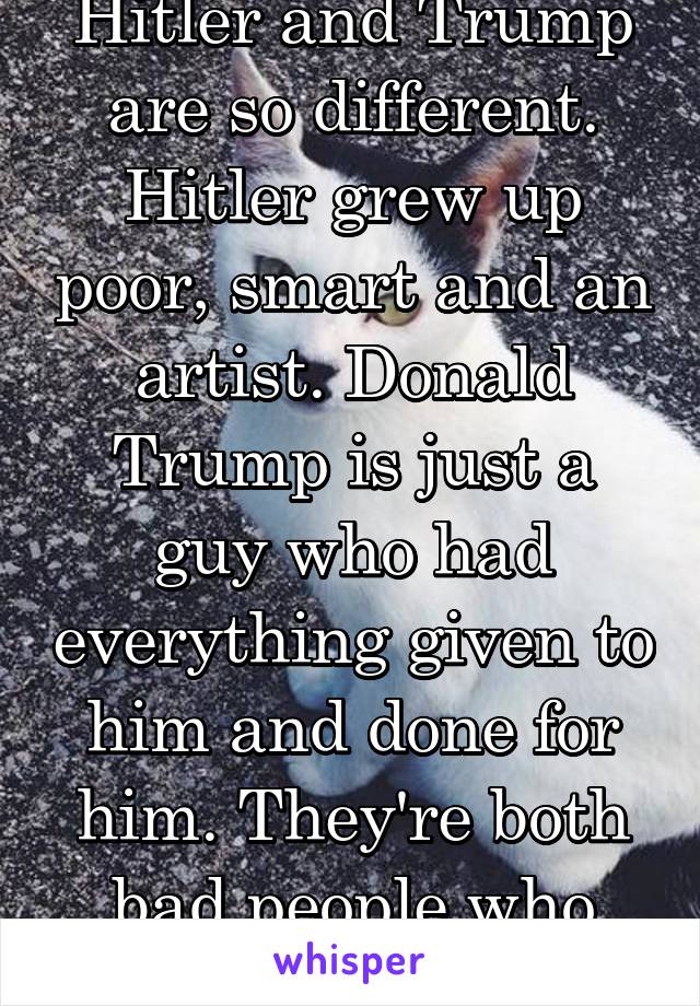 Hitler and Trump are so different. Hitler grew up poor, smart and an artist. Donald Trump is just a guy who had everything given to him and done for him. They're both bad people who did/do bad things