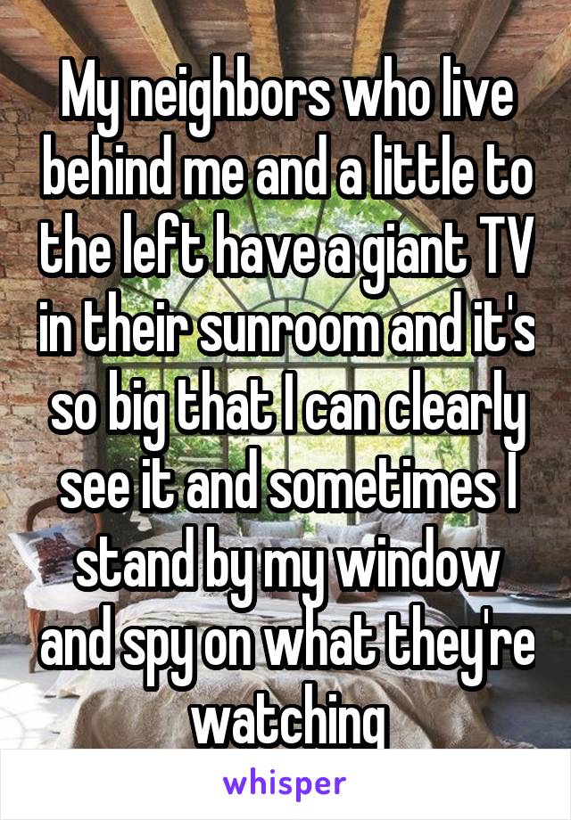 My neighbors who live behind me and a little to the left have a giant TV in their sunroom and it's so big that I can clearly see it and sometimes I stand by my window and spy on what they're watching