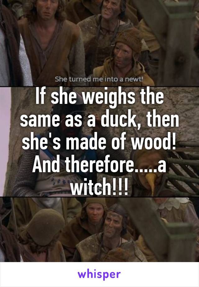 If she weighs the same as a duck, then she's made of wood! And therefore.....a witch!!!