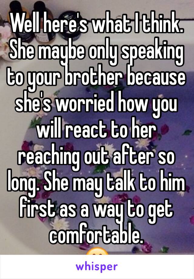 Well here's what I think. She maybe only speaking to your brother because she's worried how you will react to her reaching out after so long. She may talk to him first as a way to get comfortable. 
😍