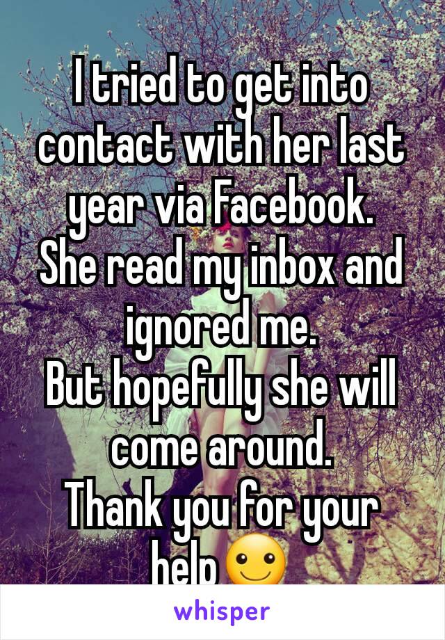 I tried to get into contact with her last year via Facebook.
She read my inbox and ignored me.
But hopefully she will come around.
Thank you for your help☺