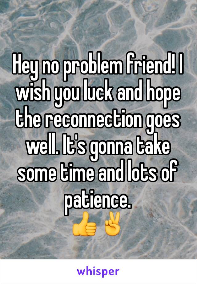 Hey no problem friend! I wish you luck and hope the reconnection goes well. It's gonna take some time and lots of patience.
👍✌️