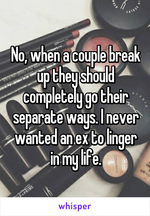 No, when a couple break up they should completely go their separate ways. I never wanted an ex to linger in my life.