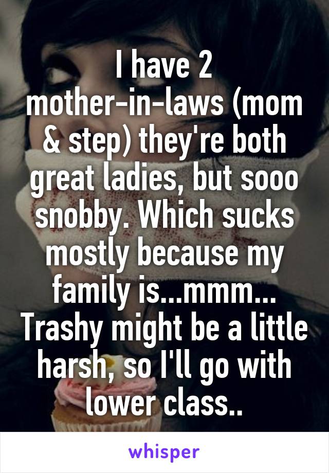 I have 2 mother-in-laws (mom & step) they're both great ladies, but sooo snobby. Which sucks mostly because my family is...mmm... Trashy might be a little harsh, so I'll go with lower class..