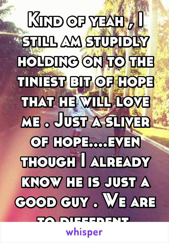 Kind of yeah , I still am stupidly holding on to the tiniest bit of hope that he will love me . Just a sliver of hope....even though I already know he is just a good guy . We are to different 