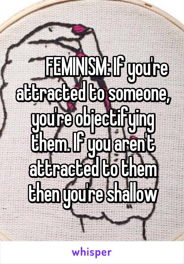         FEMINISM: If you're attracted to someone, you're objectifying them. If you aren't attracted to them then you're shallow