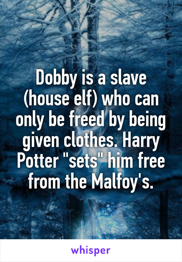 Dobby is a slave (house elf) who can only be freed by being given clothes. Harry Potter "sets" him free from the Malfoy's.