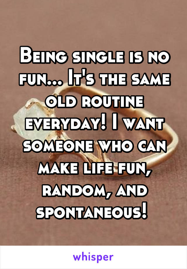 Being single is no fun... It's the same old routine everyday! I want someone who can make life fun, random, and spontaneous! 