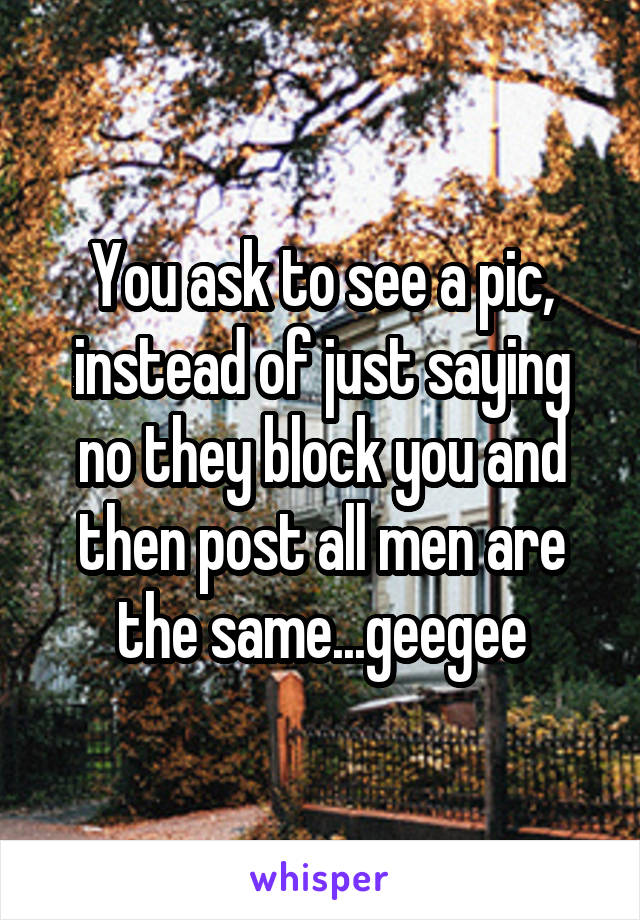 You ask to see a pic, instead of just saying no they block you and then post all men are the same...geegee
