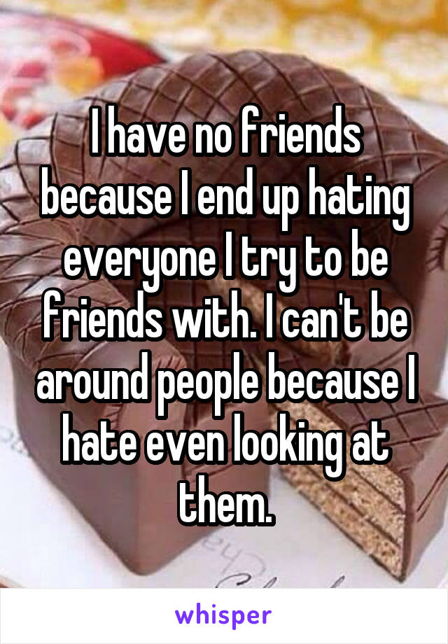 I have no friends because I end up hating everyone I try to be friends with. I can't be around people because I hate even looking at them.