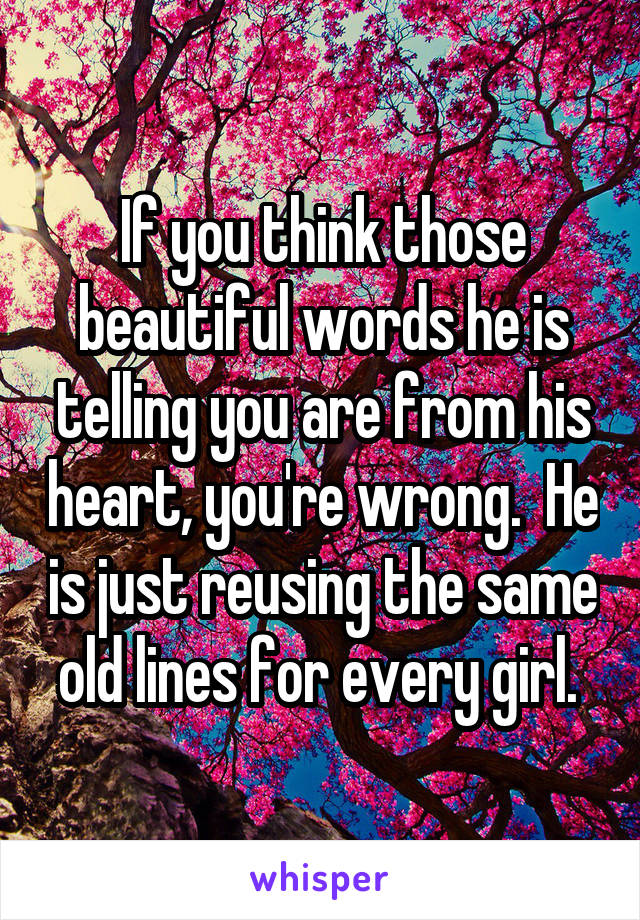 If you think those beautiful words he is telling you are from his heart, you're wrong.  He is just reusing the same old lines for every girl. 