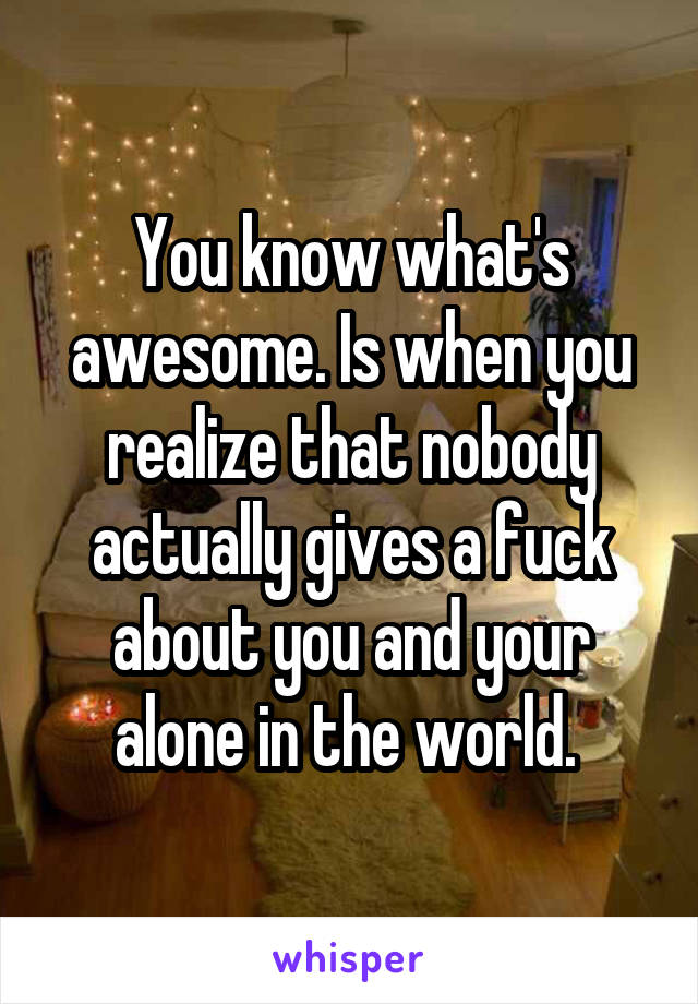 You know what's awesome. Is when you realize that nobody actually gives a fuck about you and your alone in the world. 