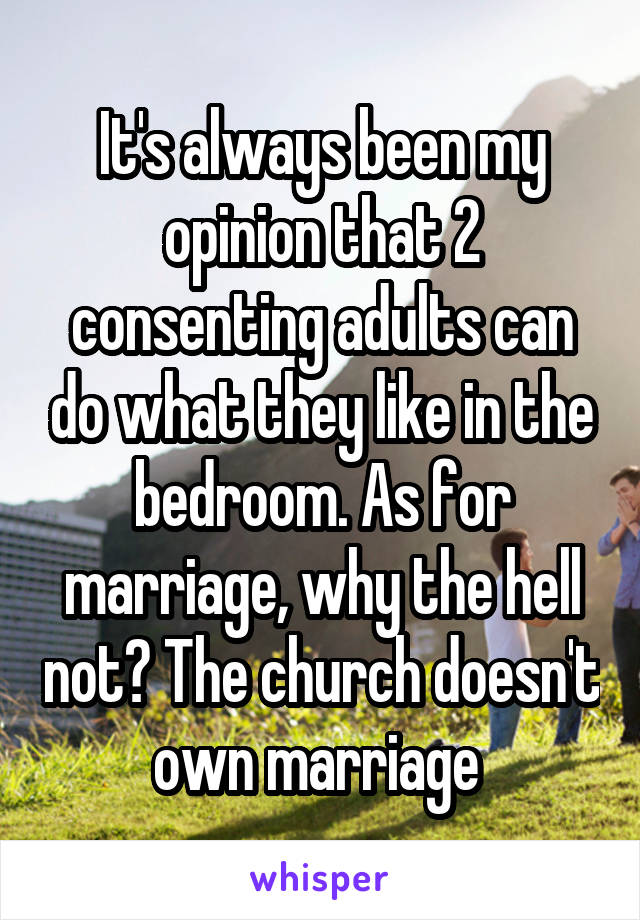 It's always been my opinion that 2 consenting adults can do what they like in the bedroom. As for marriage, why the hell not? The church doesn't own marriage 