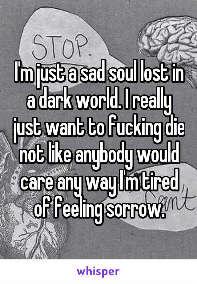 I'm just a sad soul lost in a dark world. I really just want to fucking die not like anybody would care any way I'm tired of feeling sorrow.