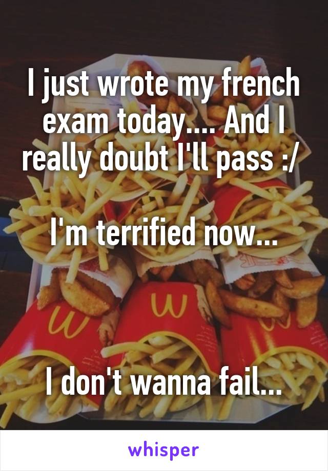 I just wrote my french exam today.... And I really doubt I'll pass :/ 

I'm terrified now...



I don't wanna fail...