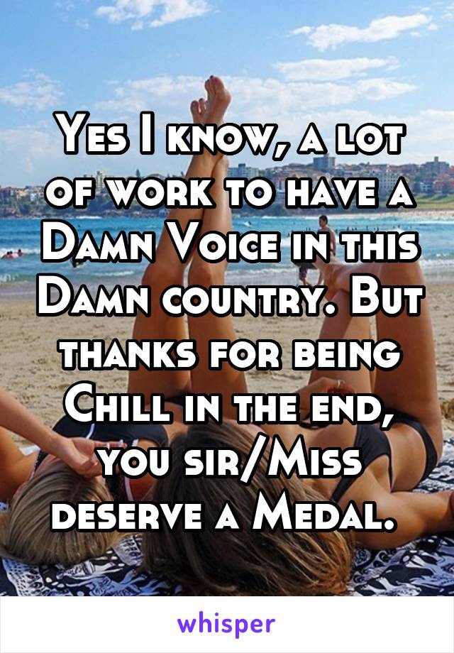 Yes I know, a lot of work to have a Damn Voice in this Damn country. But thanks for being Chill in the end, you sir/Miss deserve a Medal. 