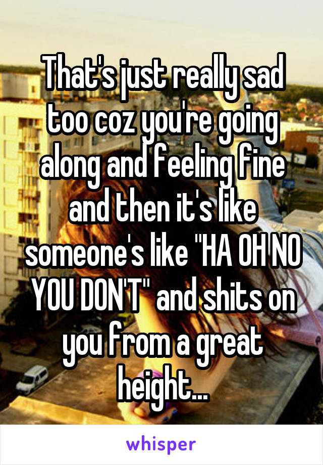 That's just really sad too coz you're going along and feeling fine and then it's like someone's like "HA OH NO YOU DON'T" and shits on you from a great height...