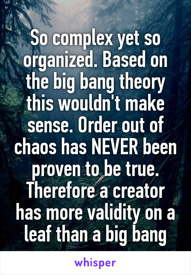 So complex yet so organized. Based on the big bang theory this wouldn't make sense. Order out of chaos has NEVER been proven to be true. Therefore a creator has more validity on a leaf than a big bang