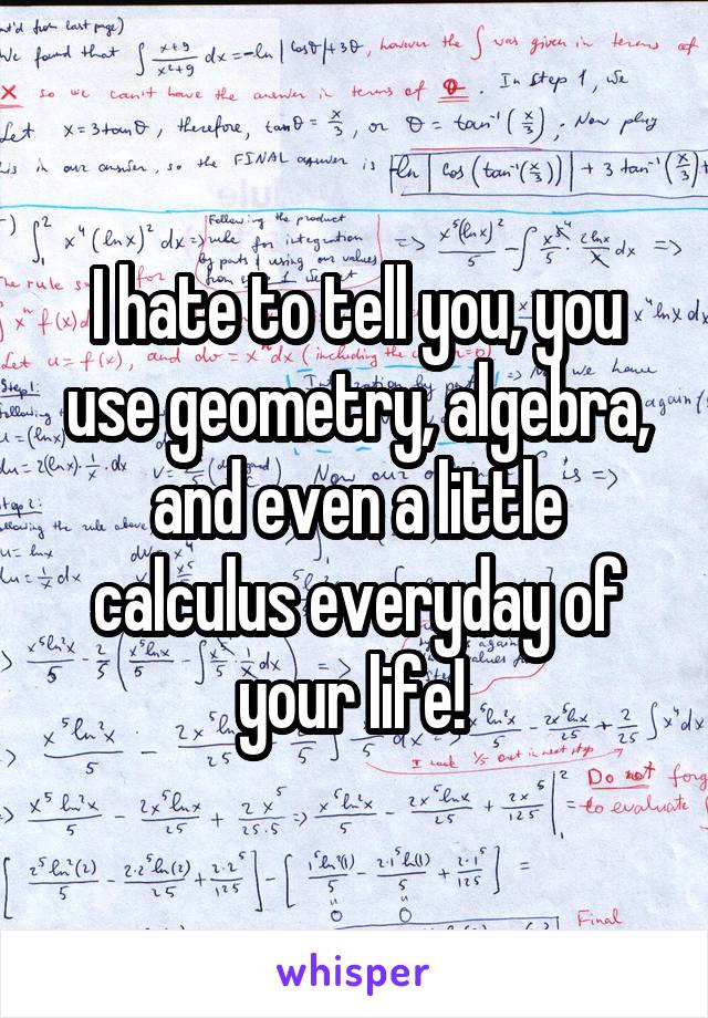 I hate to tell you, you use geometry, algebra, and even a little calculus everyday of your life! 
