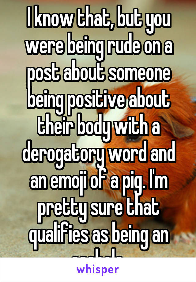 I know that, but you were being rude on a post about someone being positive about their body with a derogatory word and an emoji of a pig. I'm pretty sure that qualifies as being an asshole.