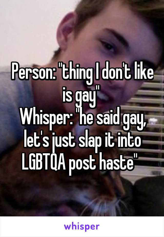 Person: "thing I don't like is gay" 
Whisper: "he said gay, let's just slap it into LGBTQA post haste"  