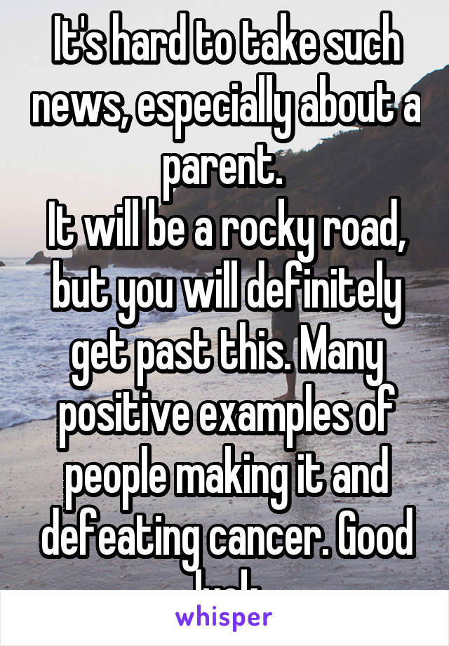 It's hard to take such news, especially about a parent. 
It will be a rocky road, but you will definitely get past this. Many positive examples of people making it and defeating cancer. Good luck