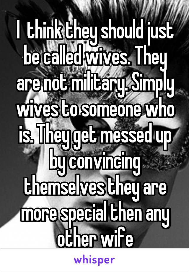 I  think they should just be called wives. They are not military. Simply wives to someone who is. They get messed up by convincing themselves they are more special then any other wife