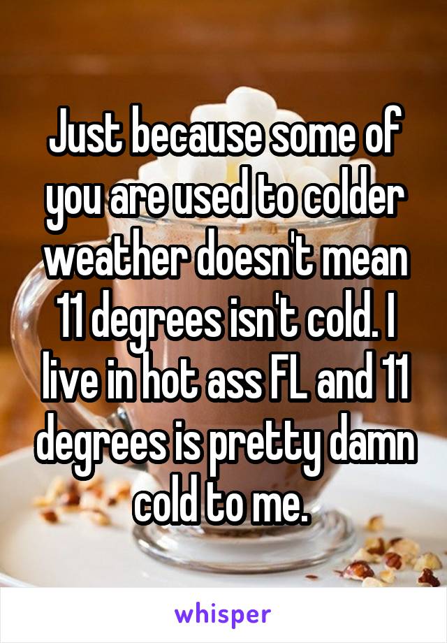 Just because some of you are used to colder weather doesn't mean 11 degrees isn't cold. I live in hot ass FL and 11 degrees is pretty damn cold to me. 