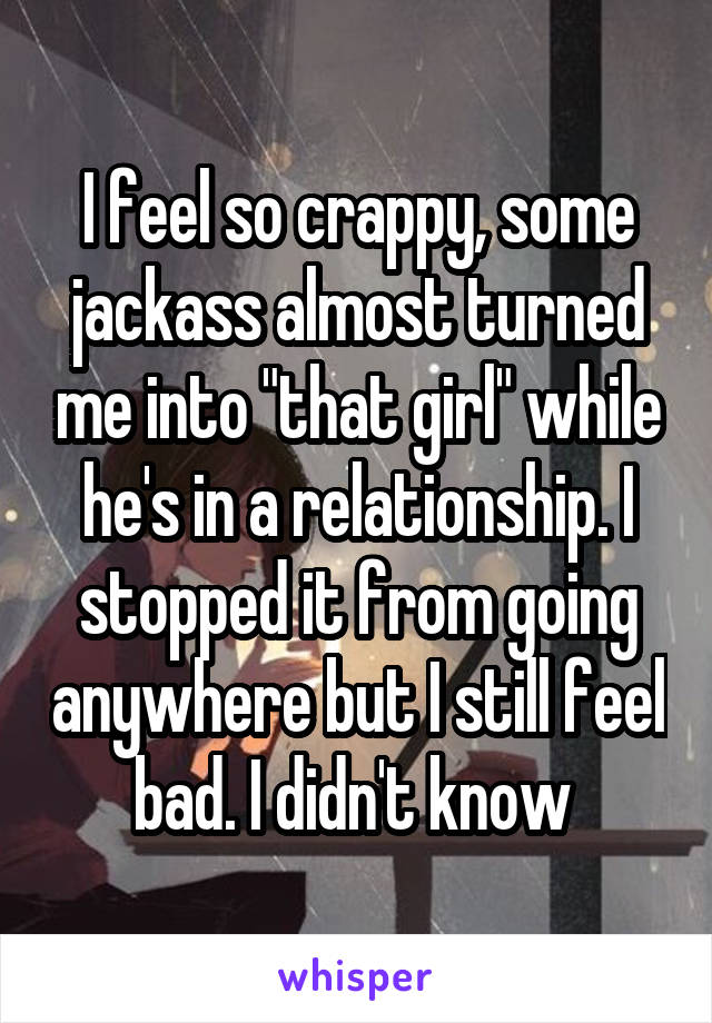 I feel so crappy, some jackass almost turned me into "that girl" while he's in a relationship. I stopped it from going anywhere but I still feel bad. I didn't know 