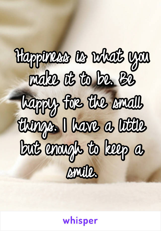 Happiness is what you make it to be. Be happy for the small things. I have a little but enough to keep a smile.