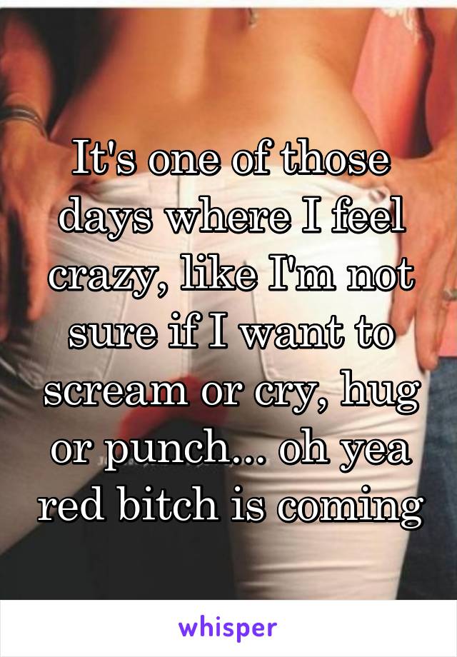 It's one of those days where I feel crazy, like I'm not sure if I want to scream or cry, hug or punch... oh yea red bitch is coming