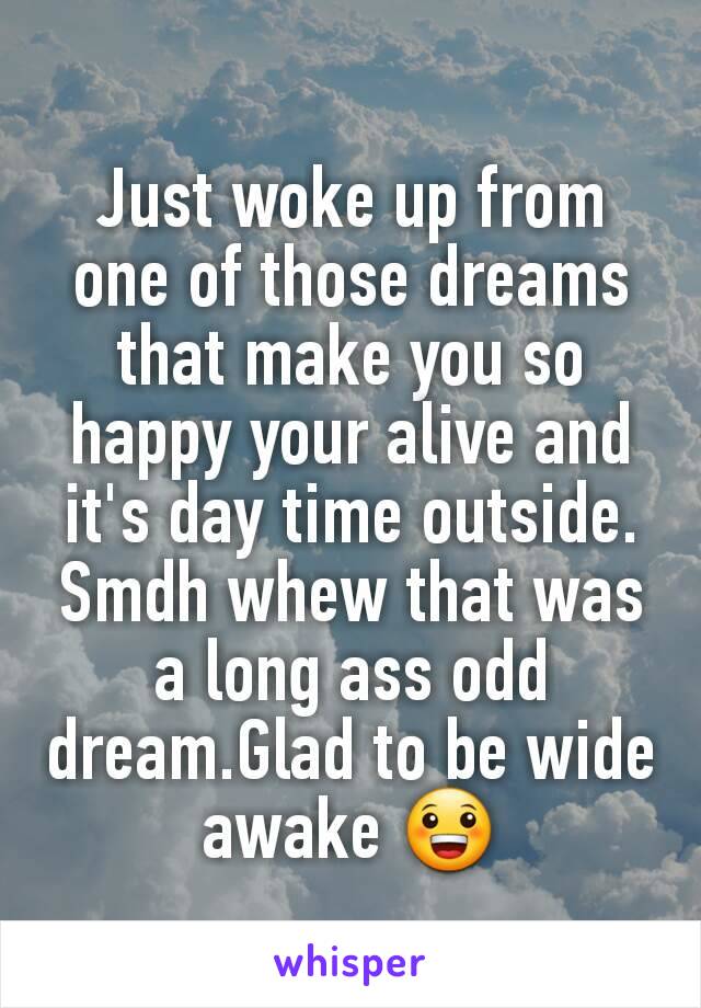 Just woke up from one of those dreams that make you so happy your alive and it's day time outside. Smdh whew that was a long ass odd dream.Glad to be wide awake 😀