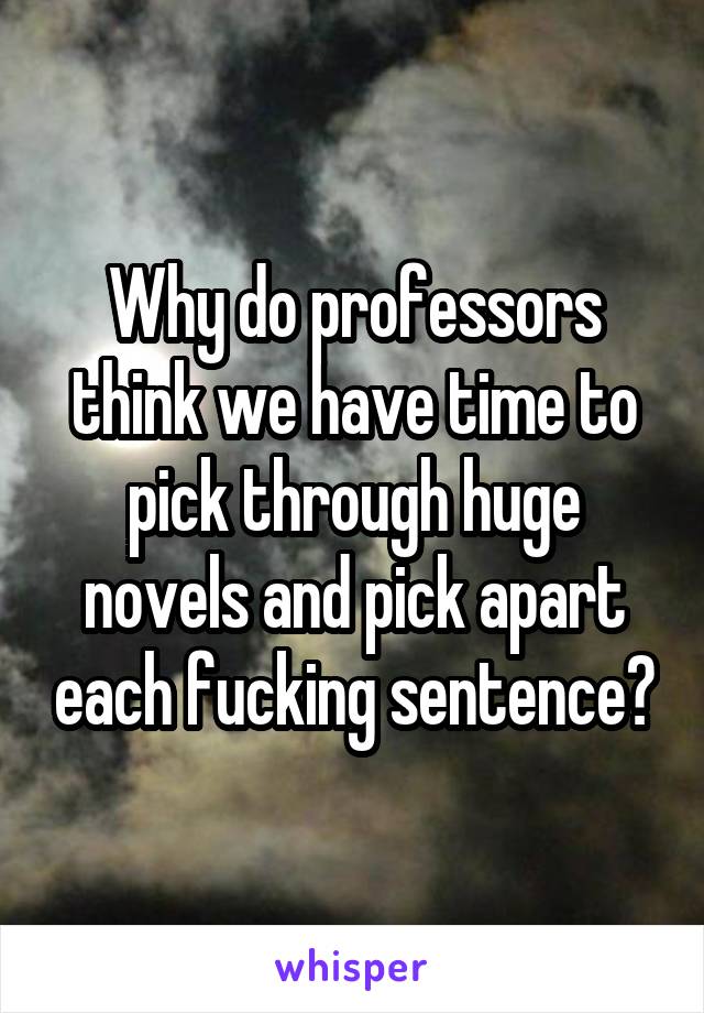 Why do professors think we have time to pick through huge novels and pick apart each fucking sentence?