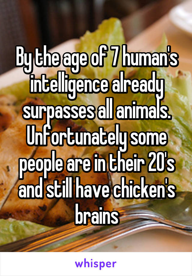 By the age of 7 human's intelligence already surpasses all animals. Unfortunately some people are in their 20's and still have chicken's brains