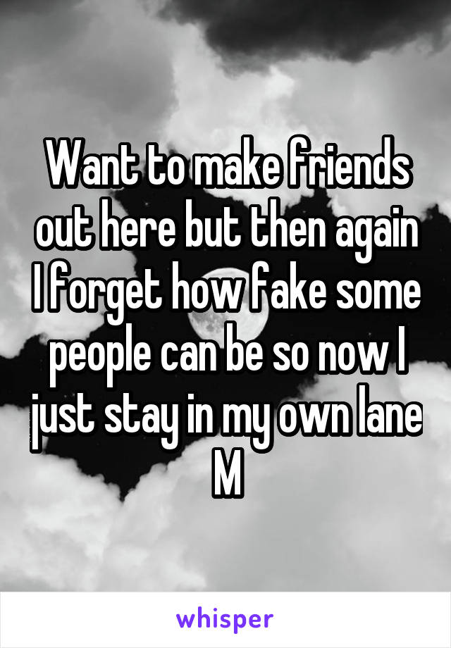 Want to make friends out here but then again I forget how fake some people can be so now I just stay in my own lane
M