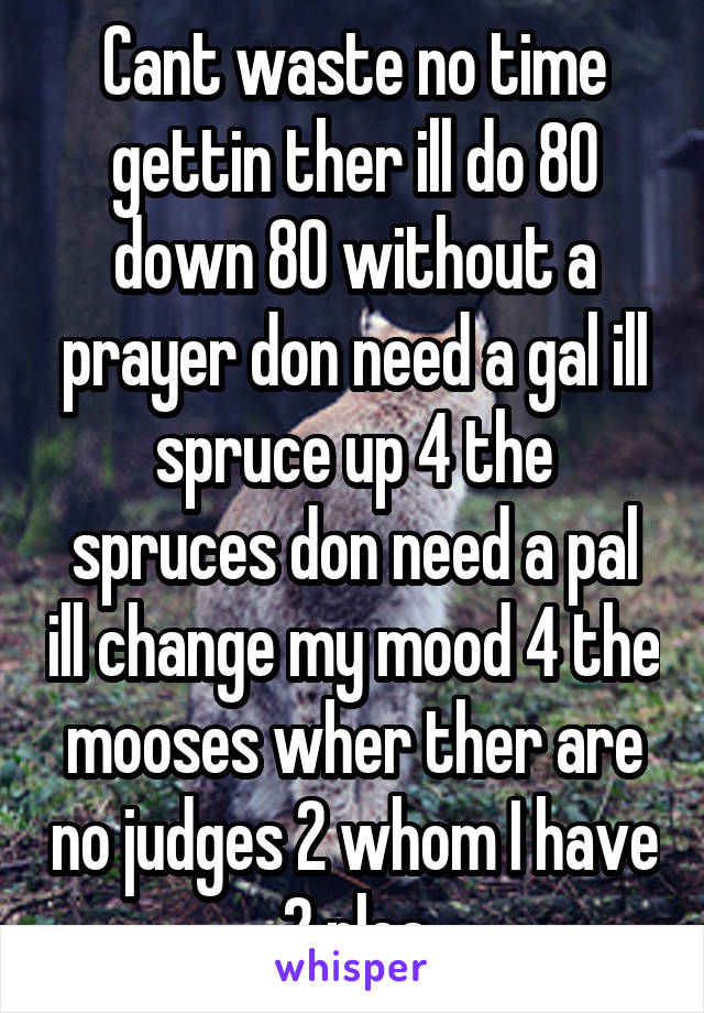 Cant waste no time gettin ther ill do 80 down 80 without a prayer don need a gal ill spruce up 4 the spruces don need a pal ill change my mood 4 the mooses wher ther are no judges 2 whom I have 2 plea