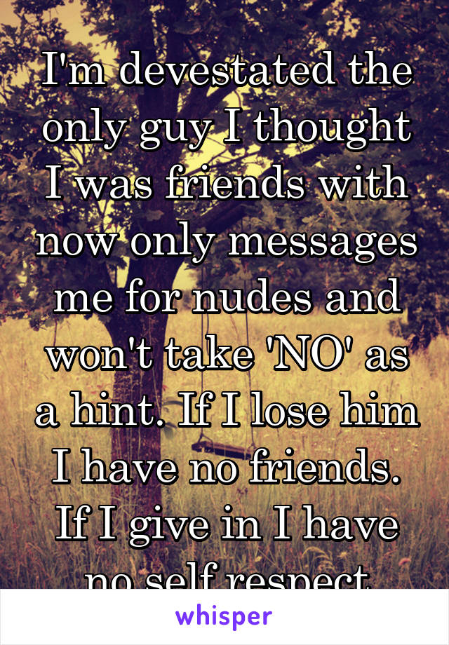 I'm devestated the only guy I thought I was friends with now only messages me for nudes and won't take 'NO' as a hint. If I lose him I have no friends. If I give in I have no self respect
