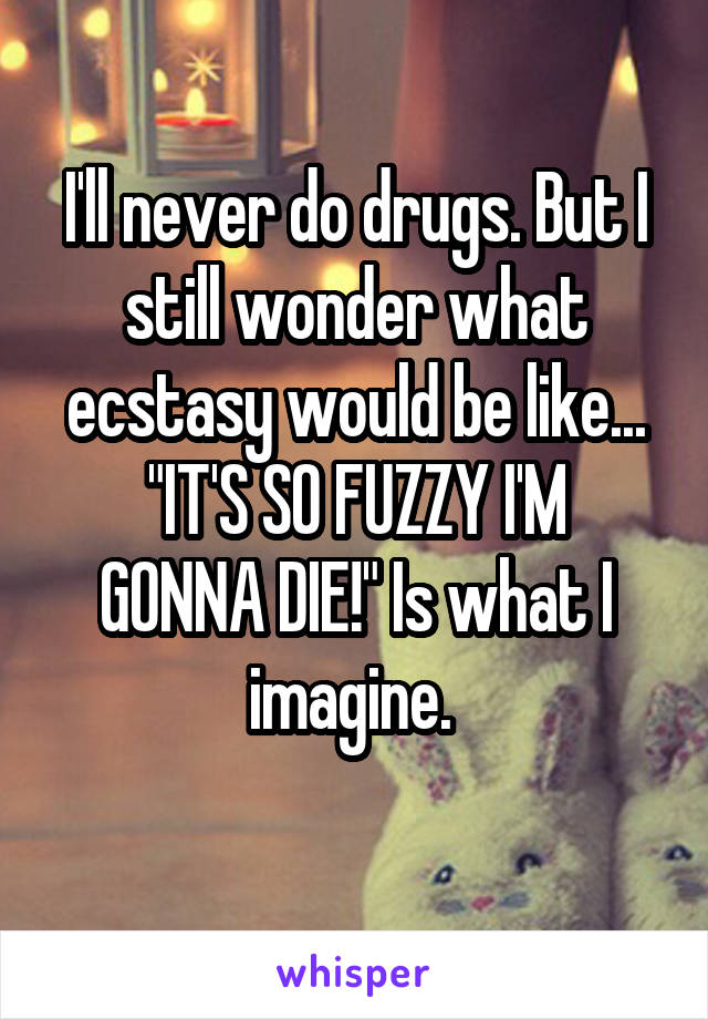 I'll never do drugs. But I still wonder what ecstasy would be like...
"IT'S SO FUZZY I'M GONNA DIE!" Is what I imagine. 
