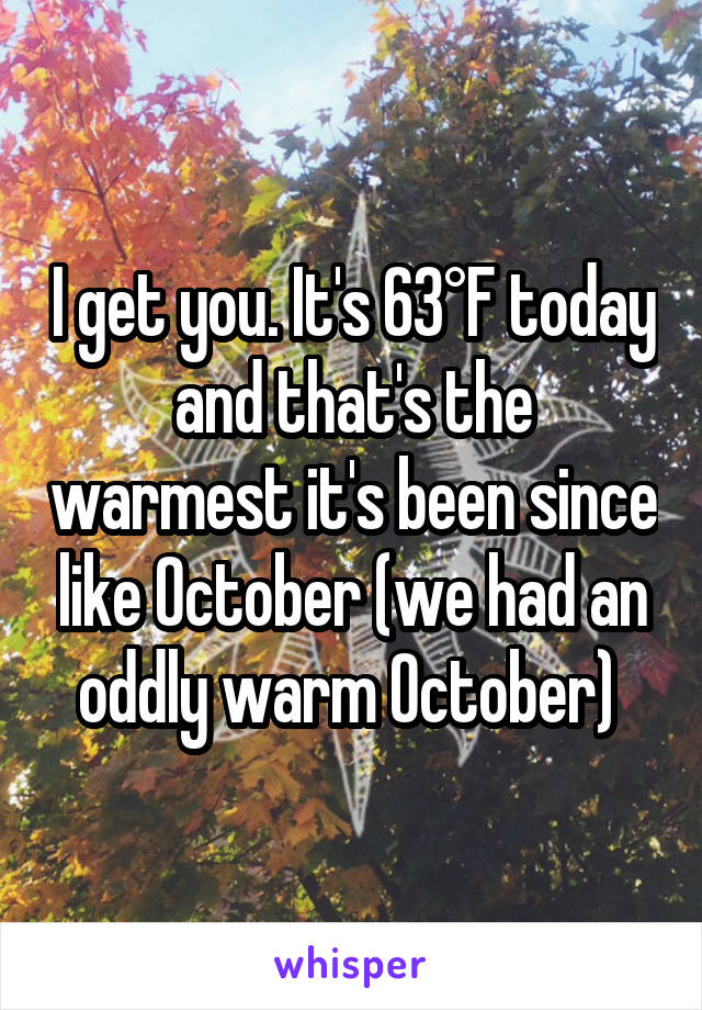 I get you. It's 63°F today and that's the warmest it's been since like October (we had an oddly warm October) 