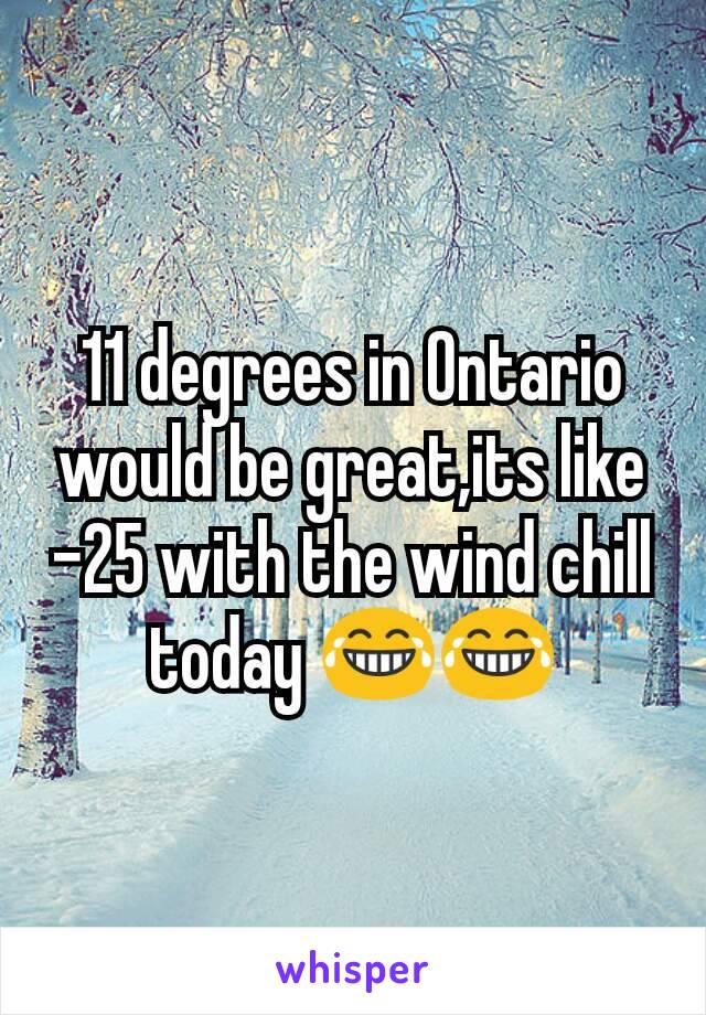 11 degrees in Ontario would be great,its like -25 with the wind chill today 😂😂