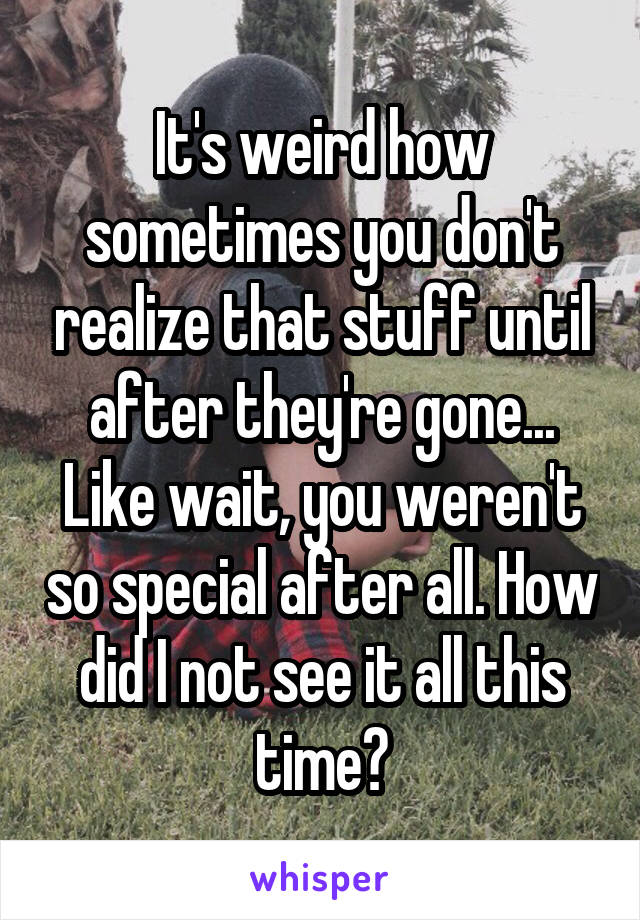It's weird how sometimes you don't realize that stuff until after they're gone... Like wait, you weren't so special after all. How did I not see it all this time?