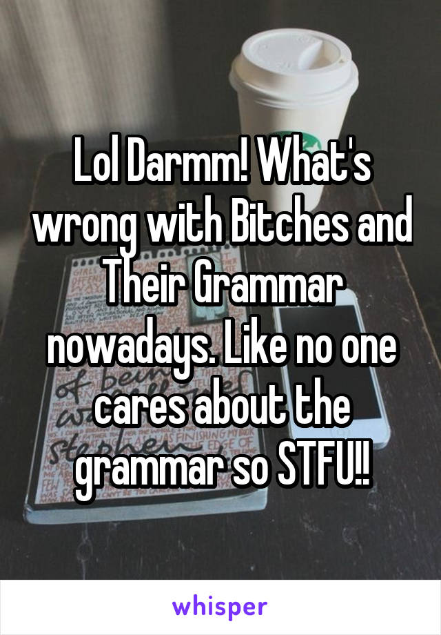 Lol Darmm! What's wrong with Bitches and Their Grammar nowadays. Like no one cares about the grammar so STFU!!